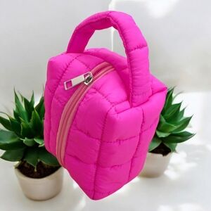 QUILTED PUFFY COSMETIC MAKEUP POUCH CLUTCH BAG COLOR FUSHSIA